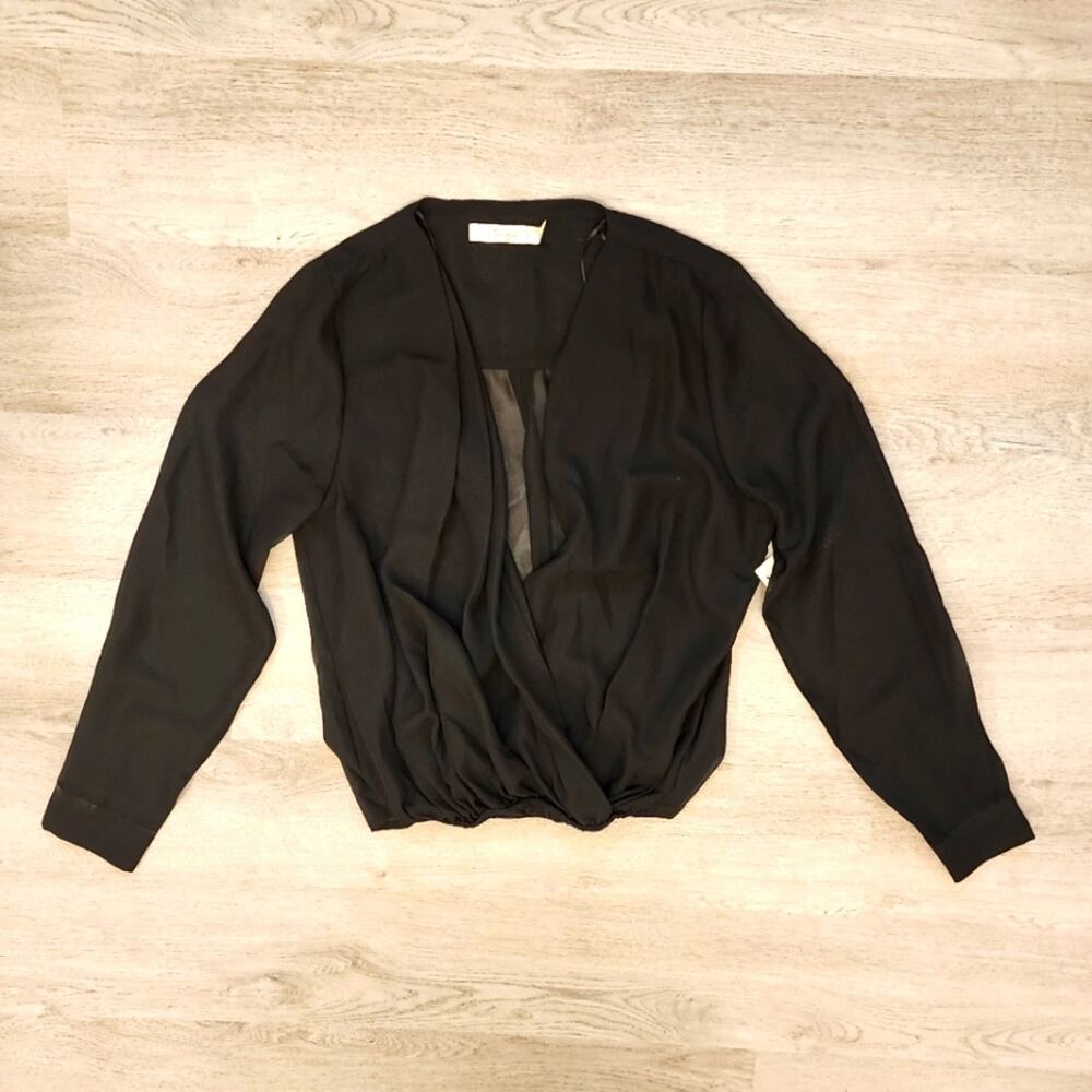 NWT Liberty Love Women's Deep V-Neck Sheer Black Long Sleeve Blouse Small S